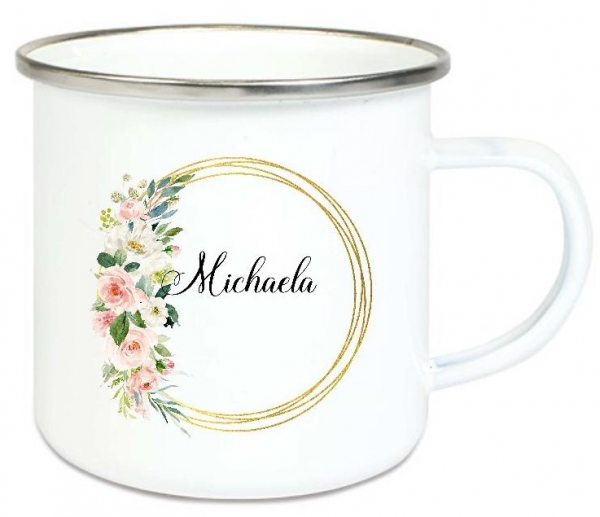 ♥ Tasse Emailletasse Blumenkranz zarte Rosen pastel Wunschname, Dankeschön, Geburtstag, Abschied, Jubiläum, Geschenk, Becher von Lüttentüddel